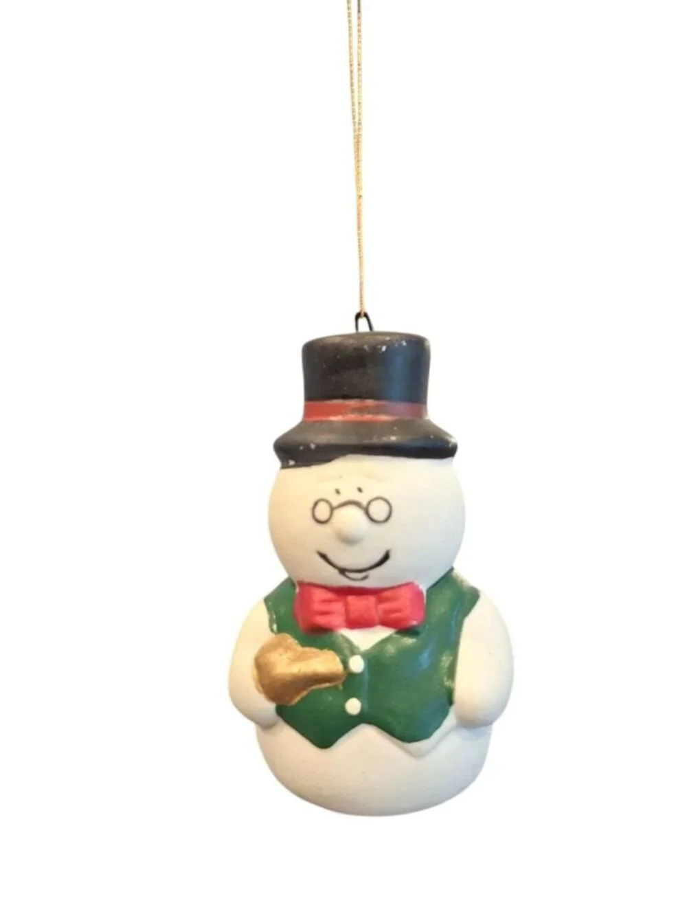 Vintage Snowman Christmas Ornament Mini Ceramic Figure Top Hat Gold Bell 3